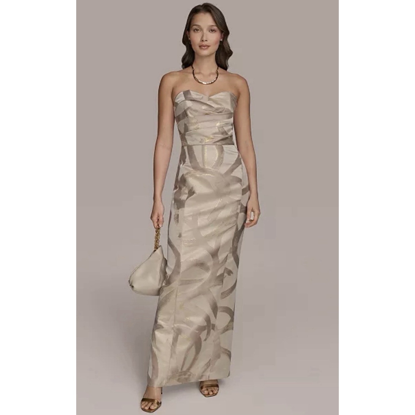 Donna Karan Strapless Pleated Metallic Fiber,Jacquard Gown,Sz 6,Sand/Gold,New